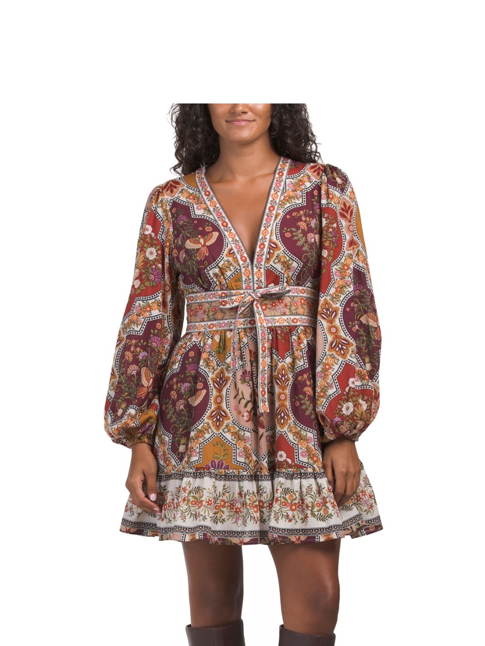 Caroline Constas Rust Multi Paisley V‑Neck Long‑Sleeve Mini Dress